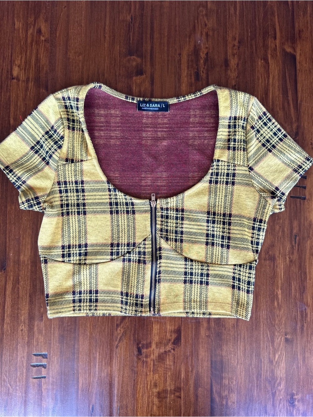 Liz & Sara Yellow Plaid Zip-Front Cropped Blouse